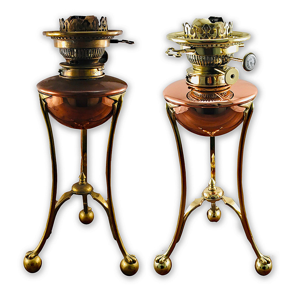 Antique copper and brass oil lamp, expertly restored and converted to electric by Chelsea Plating Company, featuring high polish and showcasing mastery in metal refinishing and antique lighting restoration.