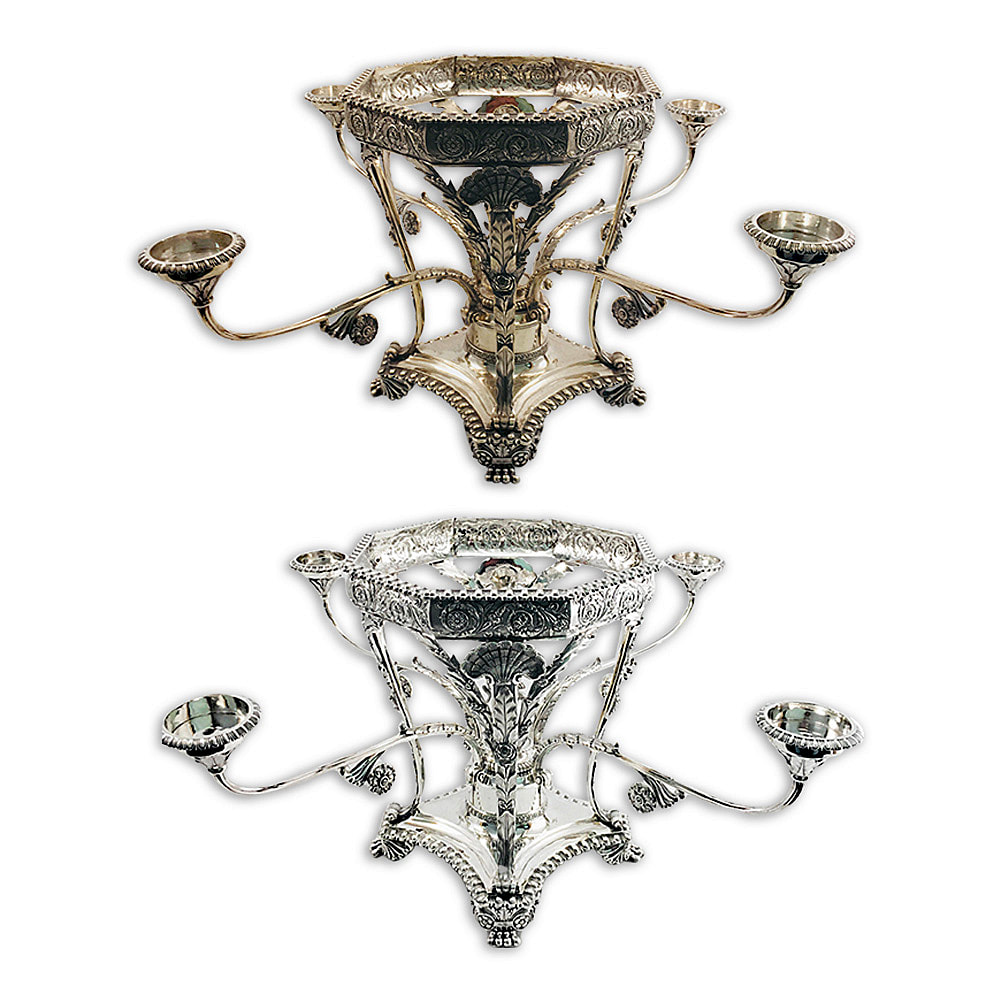 Silver-plated epergne restored by Chelsea Plating Company, the detailed work evident in the polished d surface and restored ornamental features.
