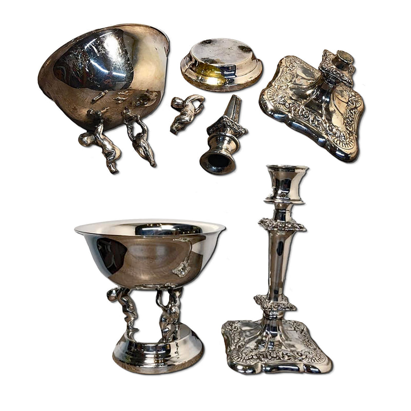 Antique silver plated bowl on a figural base and a silver plated candlestick, expertly repaired, cleaned, and polished by Chelsea Plating Company, now radiating renewed splendor and exemplifying Philadelphia's unparalleled expertise in silver restoration.