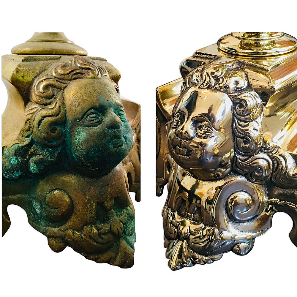 Before and after of an antique brass andiron, highlighting Chelsea Plating Company's brass restoration craftsmanship, resulting in a high-polish, radiant finish.