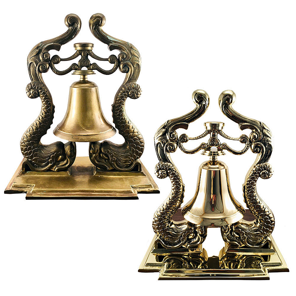 Antique brass ship's bell with brass koi dragon fish, before and after professional polishing by Chelsea Plating Company, now gleaming with historical splendor.