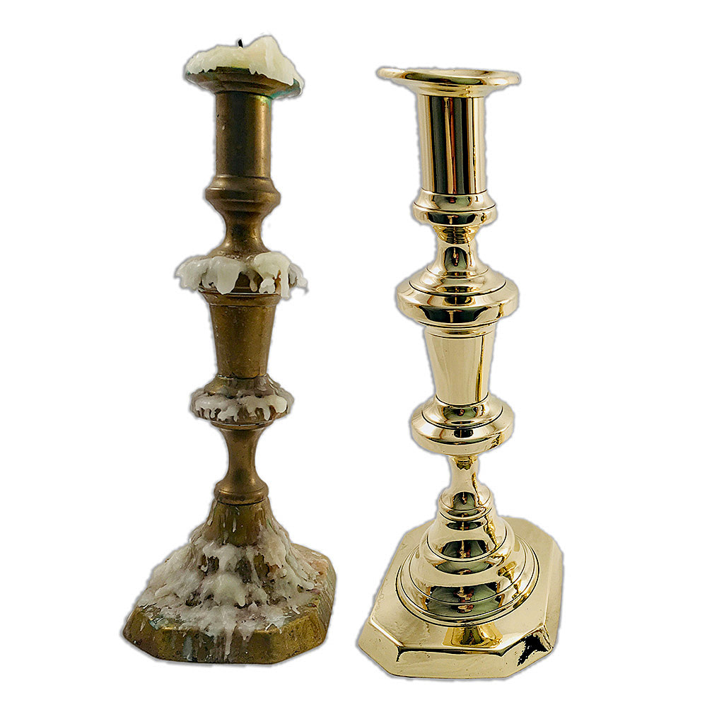 Antique brass candlestick before and after cleaning and polishing by Chelsea Plating Company, demonstrating the transformative power of expert brass restoration.