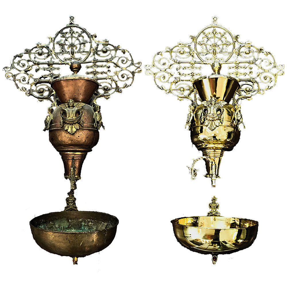 Elegantly polished antique brass lavabo by Chelsea Plating Company, with intricately restored details shining brightly as a result of meticulous brass polishing.