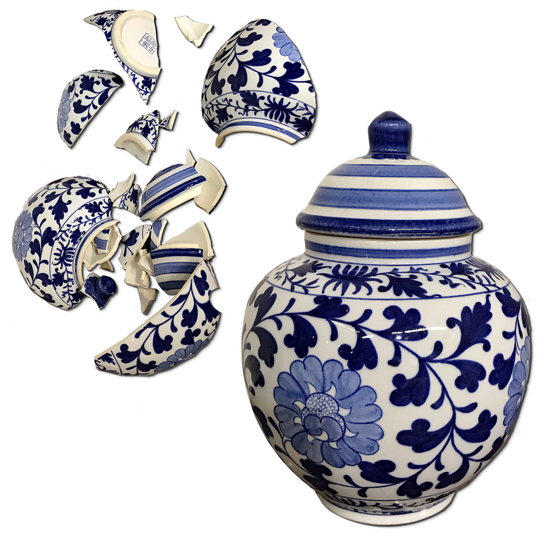 Restored blue and white ceramic vase with lid by Chelsea Plating Company, highlighting the meticulous ceramic restoration of fine china to its original splendor.