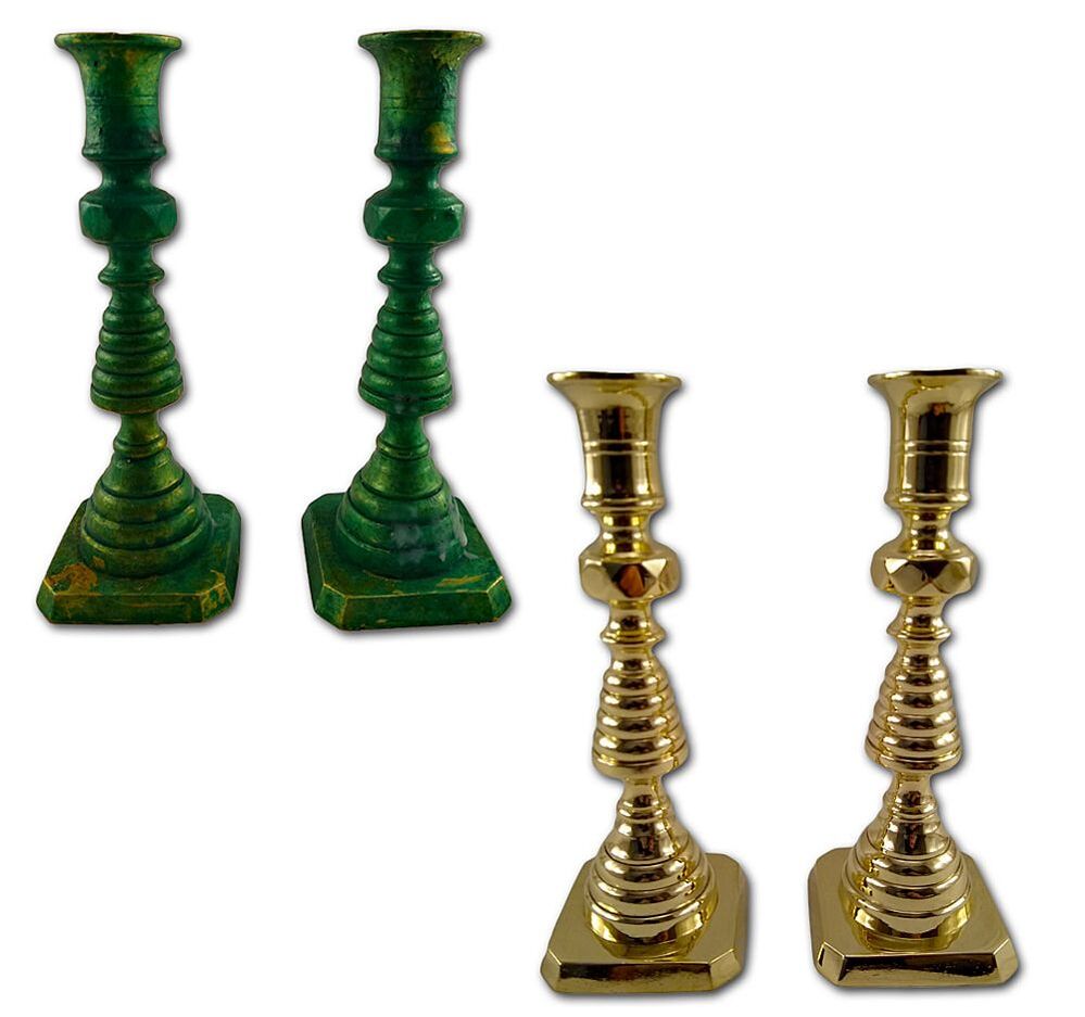 Antique brass beehive candlesticks before and after the brass refinishing process by Chelsea Plating Company.