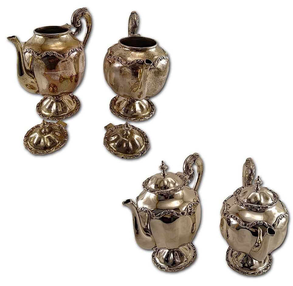 Restored sterling silver tea service by Chelsea Plating Company, highlighting detailed craftsmanship in silver repair.