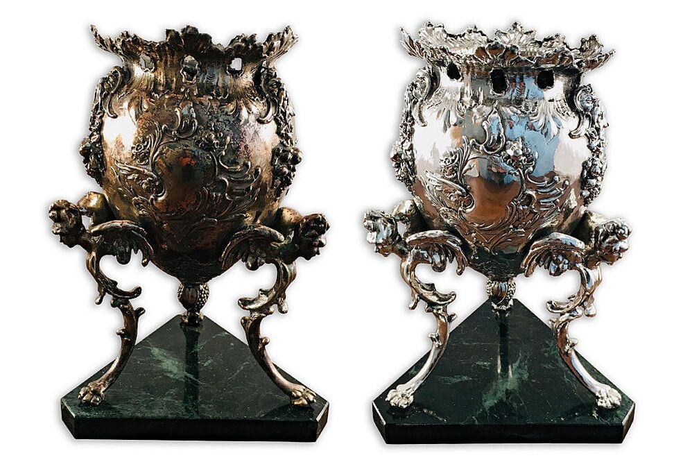 Intricately detailed silver-plated urn before and after restoration, standing on a marble base, meticulously cleaned and polished by Chelsea Plating Company.