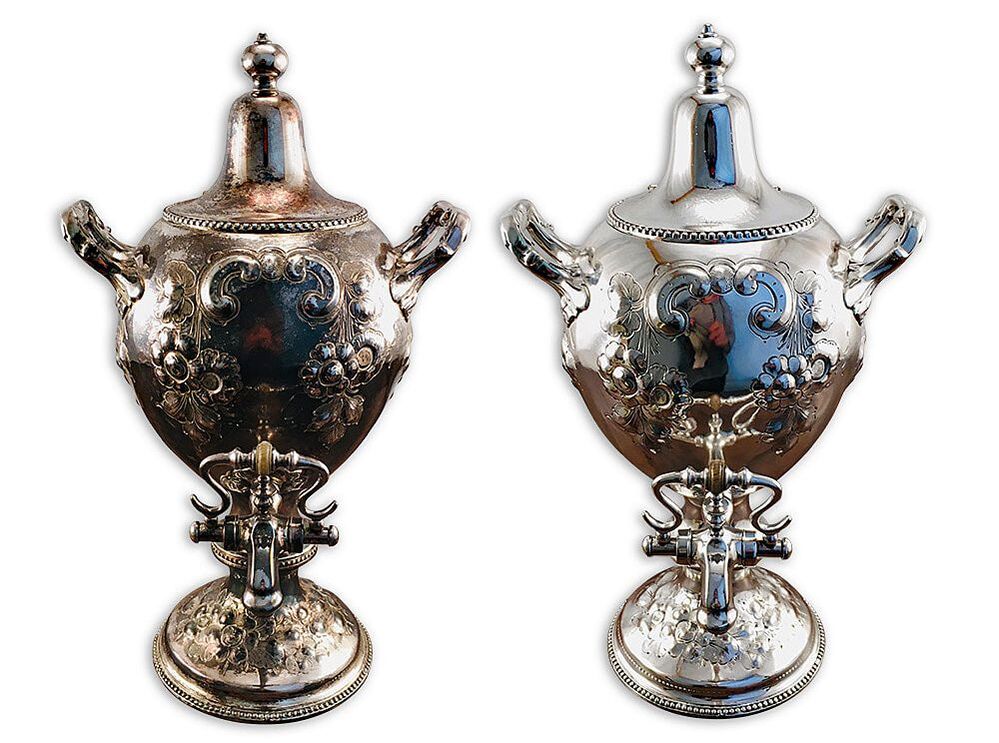 Antique coffee urn before and after meticulous restoration, including silver plating and polishing, by Chelsea Plating Company, illustrating the detailed restoration process.