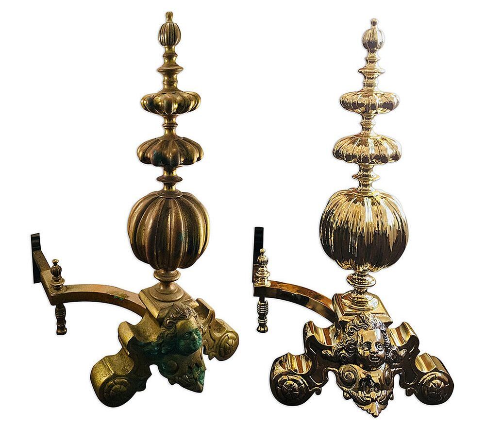 Antique brass fireplace andirons restored to their original brilliance through expert brass refinishing.