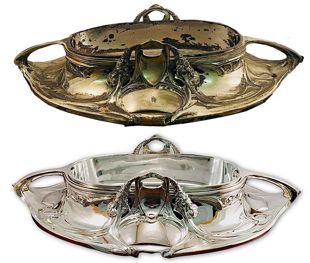 Sterling silver Art Nouveau centerpiece, before and after expert polishing, symbolizing the revival of antique elegance.