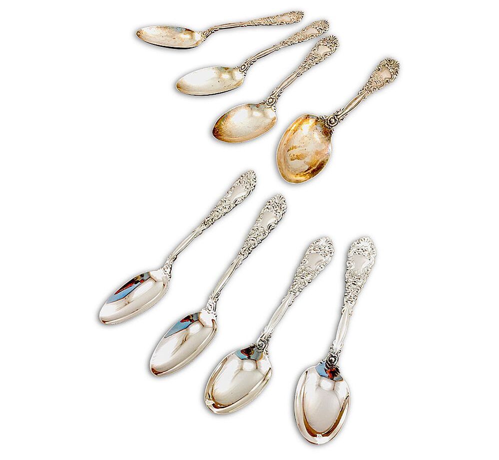 Heavily tarnished sterling silver flatware restored to immaculate condition by sterling silver polishing specialists at Chelsea Plating Company.