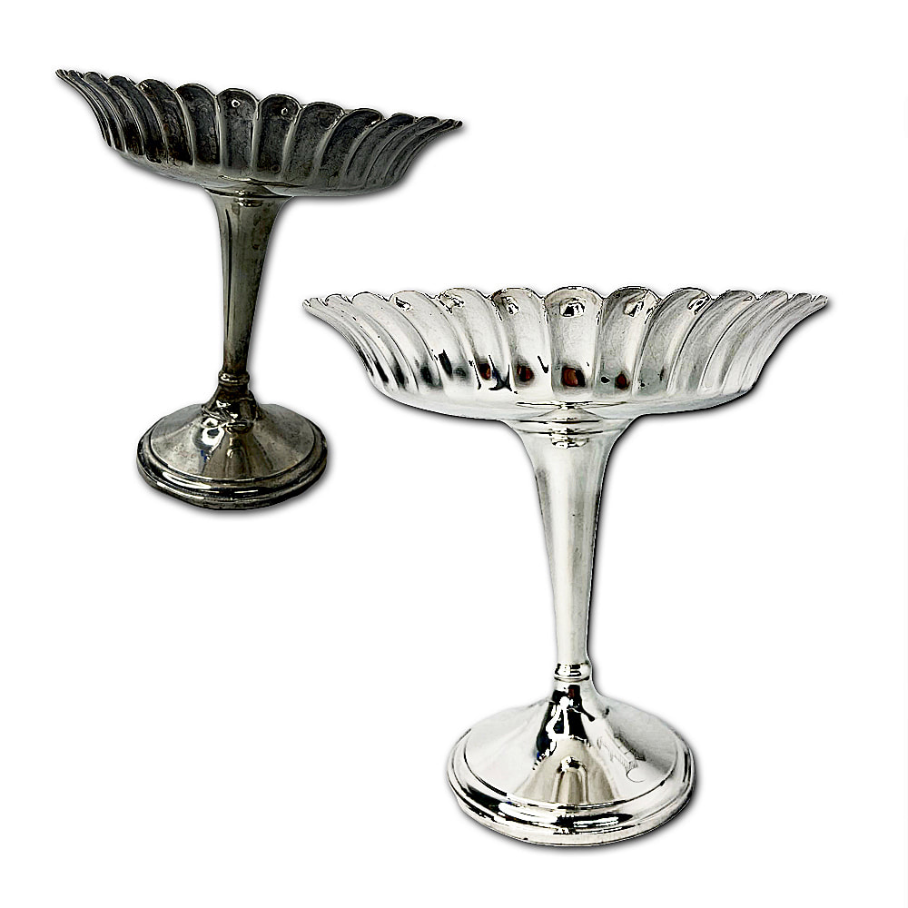 Damaged and tarnished sterling silver compote before and radiant after professional silver repair by Chelsea Plating Company.