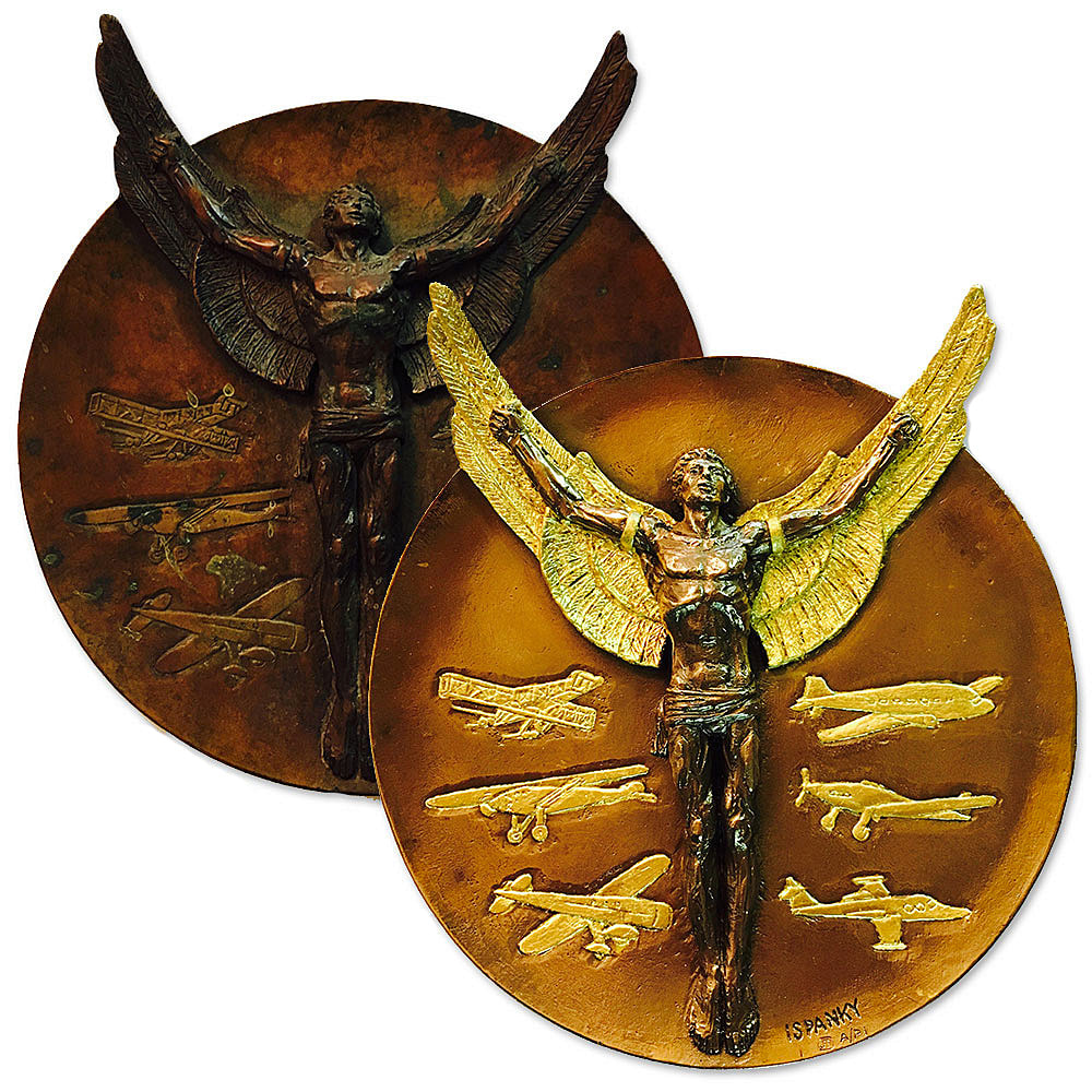 Antique bronze aviation plaque before and after restoration, with gold leaf accents by Chelsea Plating Company, capturing the daring essence of early flight