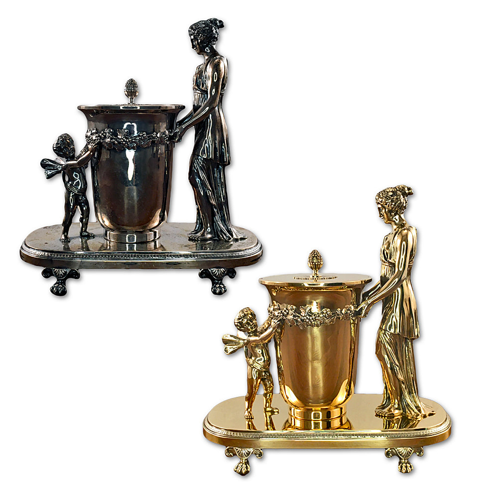 Antique sterling silver figural urn by Odiot, restored with 24k gold plating by Chelsea Plating Company, radiating renewed brilliance and showcasing timeless luxury and artistry.