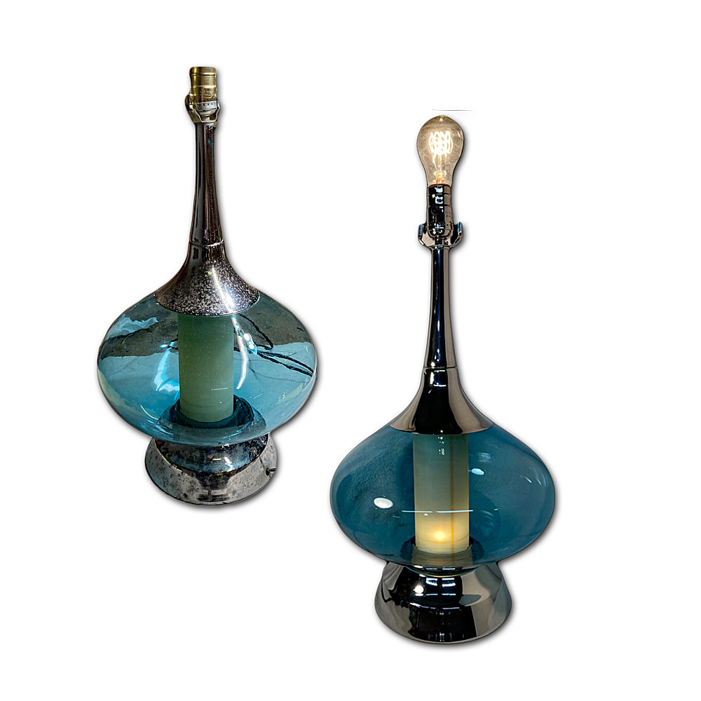 Mid-century modern blue glass and chrome table lamp, restored by Chelsea Plating Company, with re-plated chrome and modern rewiring, exemplifying skilled craftsmanship and attention to detail.
