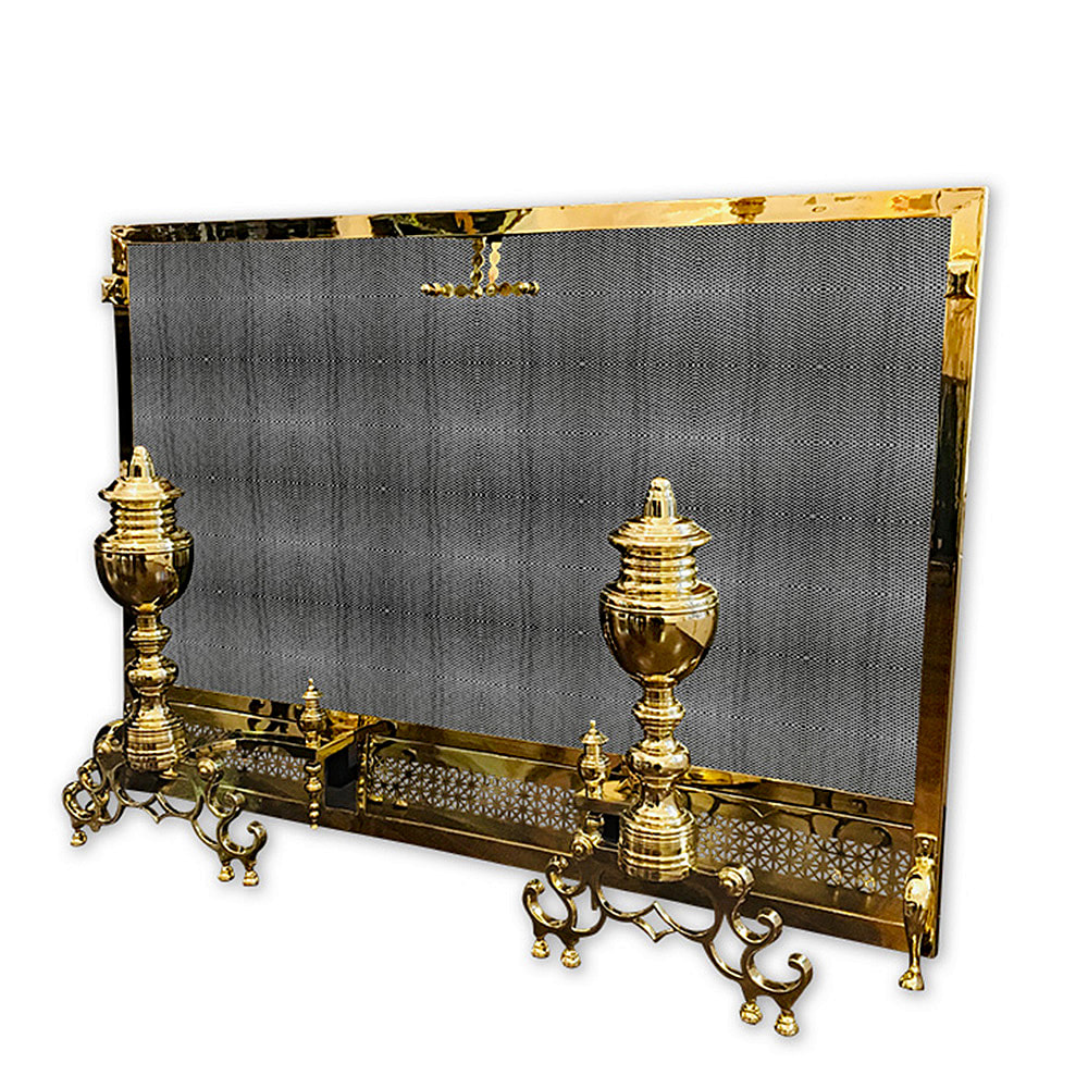Transport yourself to the splendor of a historic Philadelphia residence with the restoration of this captivating antique brass fireplace screen and accompanying pair of andirons. Chelsea Plating Company's masterful artistry in antique brass restoration is evident in every aspect of this revived set. Admire the exquisite craftsmanship and radiant beauty as the brass fireplace screen and andirons are meticulously restored, adding a touch of grandeur to the historic hearth. Immerse yourself in the timeless charm and architectural legacy embodied by this antique brass fireplace ensemble, expertly preserved by Chelsea Plating Company.