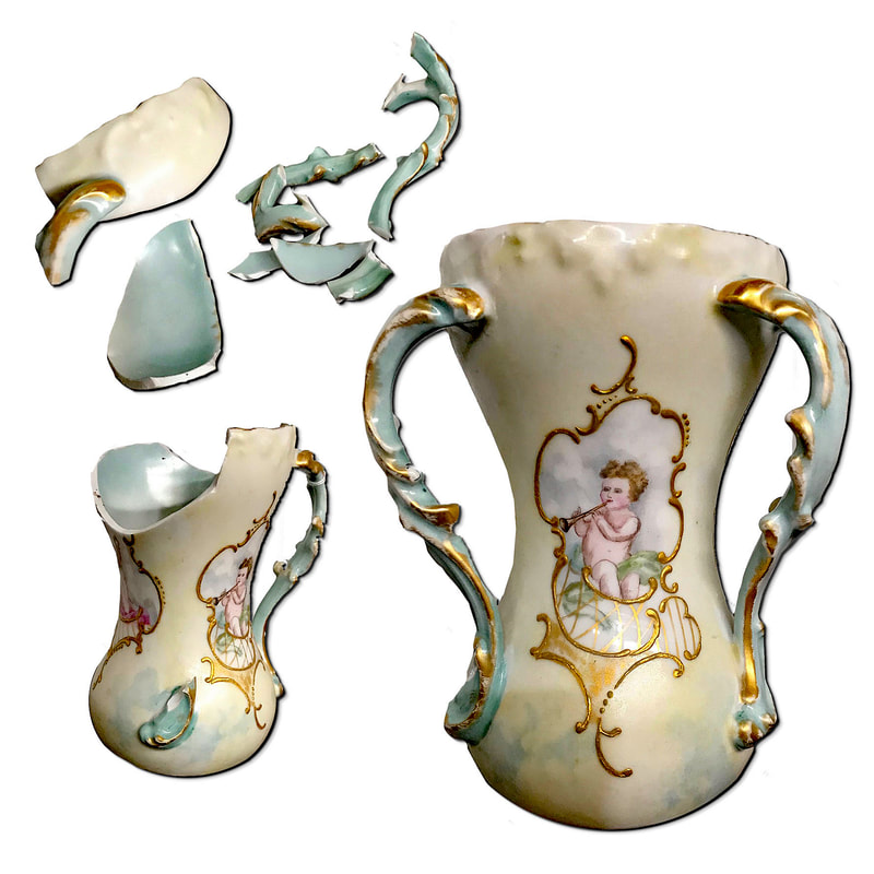 Porcelain vase with handle before and after restoration by Chelsea Plating Company, displaying the intricate skill of porcelain repair in restoring its unique charm and detail.