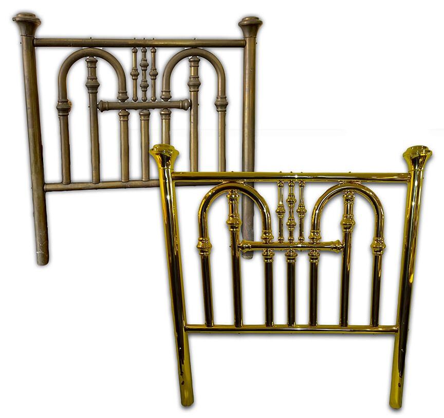 Antique brass bed before and after restoration by Chelsea Plating Company, illustrating a remarkable transformation to vintage elegance.