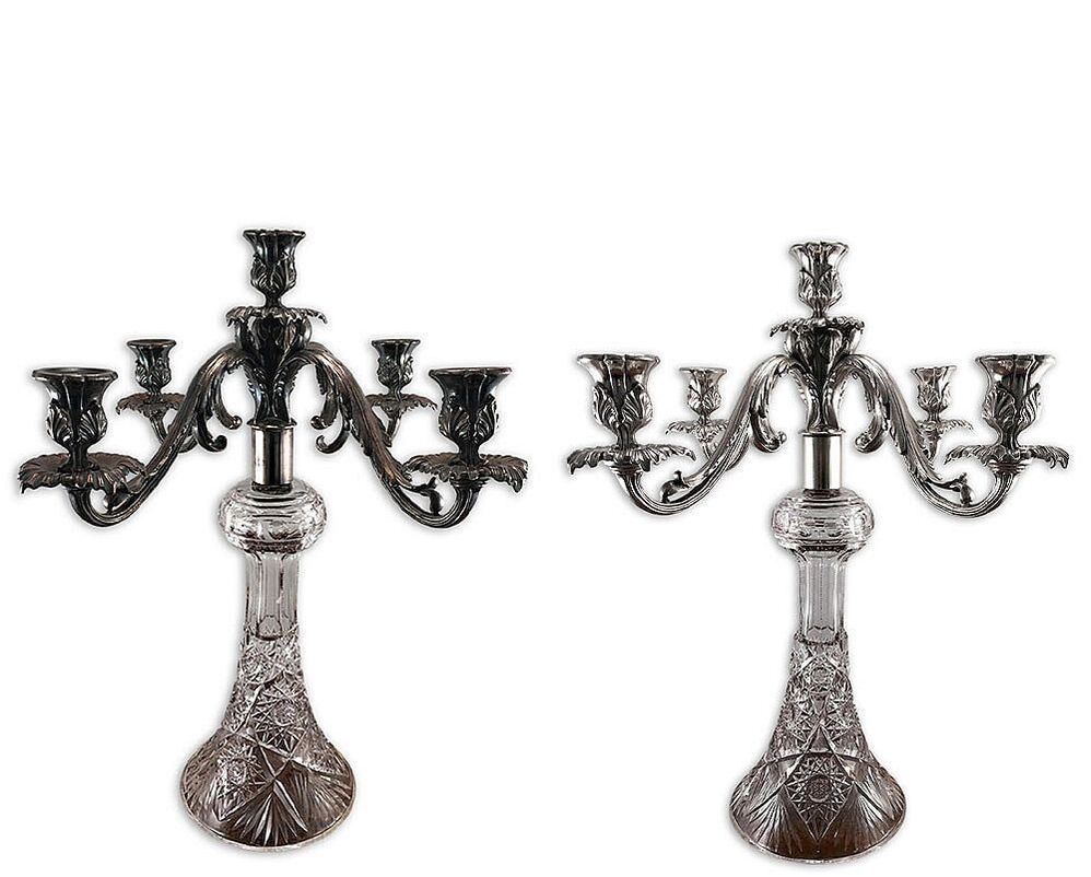 Antique candelabra before and after silverplate restoration by Chelsea Plating Company, showcasing refined details on crystal bases.