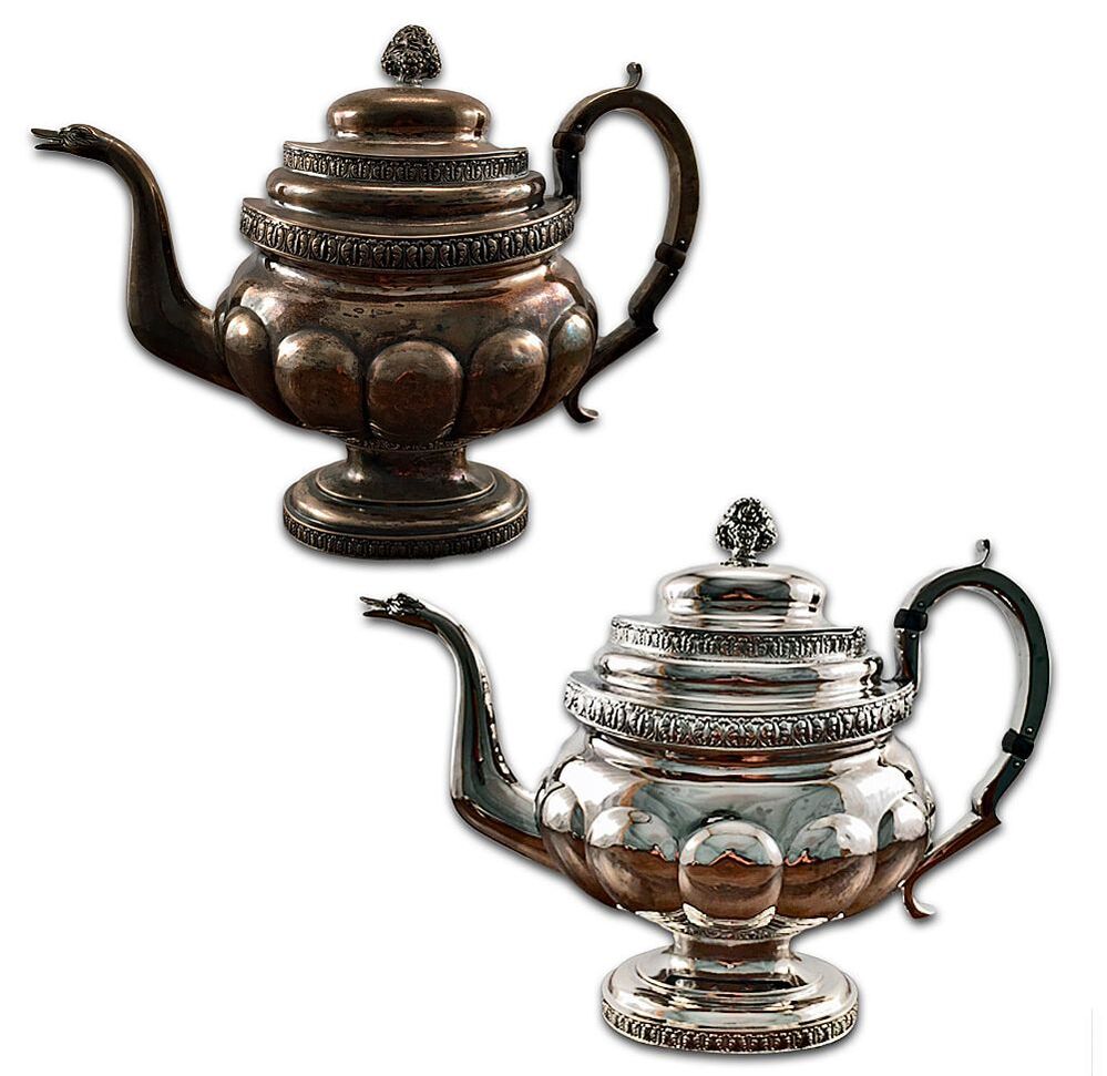 Antique sterling silver teapot, exquisitely restored to its original splendor by expert metal polishing techniques.