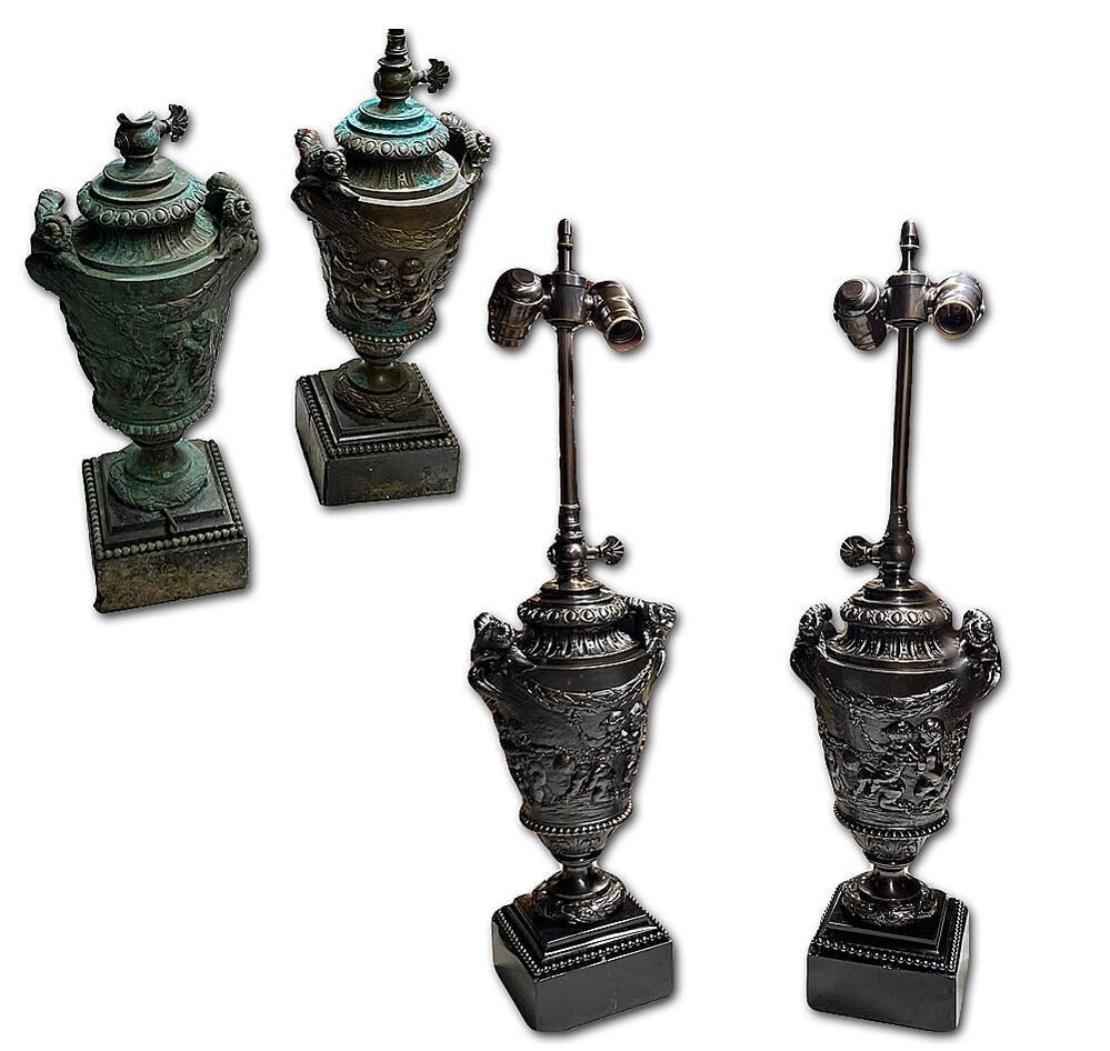 Antique bronze table lamps restored to pristine condition by Chelsea Plating Company, specializing in antique lamp repair with expert corrosion treatment and refinishing.