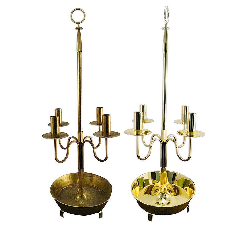 Antique brass candleholders before and after restoration by Chelsea Plating Company, with a mirror-like finish achieved through expert brass polishing.