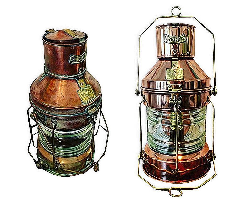 Antique ship's lantern with copper and brass details, beautifully restored by metal polishing to its historical allure.