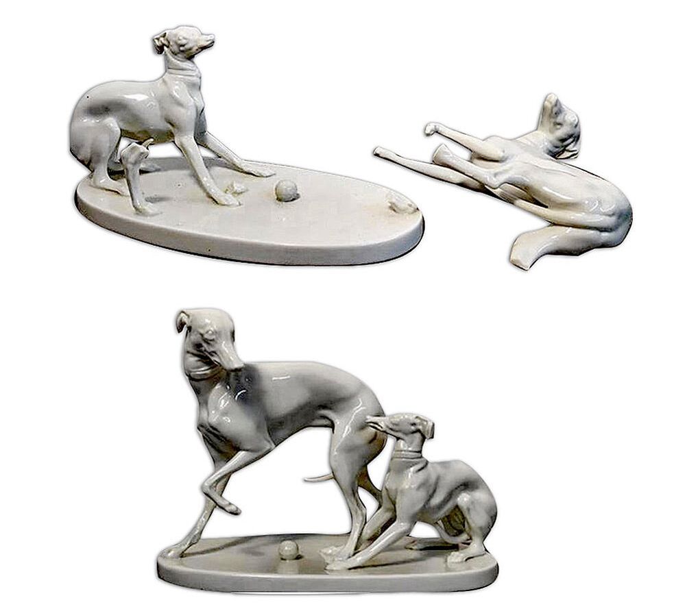 Antique porcelain greyhound figurine before and after expert restoration by Chelsea Plating Company, highlighting the detail-oriented porcelain repair work.