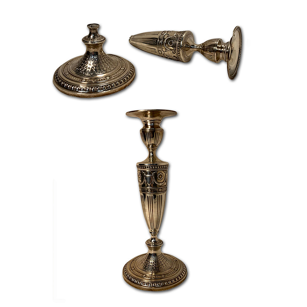 Before and after restoration of a sterling silver candlestick by Chelsea Plating Company, displaying expert repair and a return to its original luster.