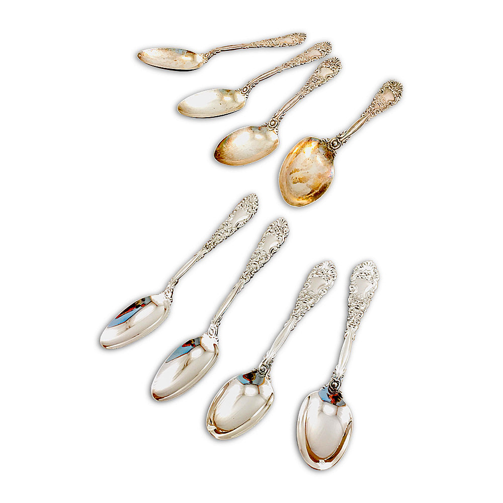 Heavily tarnished sterling silver flatware pieces remarkably transformed by Chelsea Plating Company, featuring meticulous cleaning, polishing, and tarnish removal, embodying expert silver restoration craftsmanship.