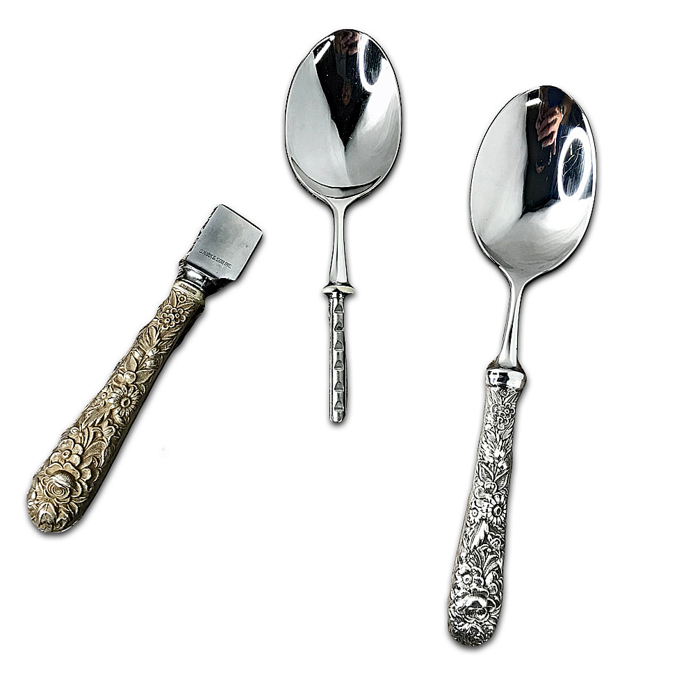 Sterling silver spoon before and after bowl reset and polishing by Chelsea Plating Company, demonstrating detailed silver repair expertise.