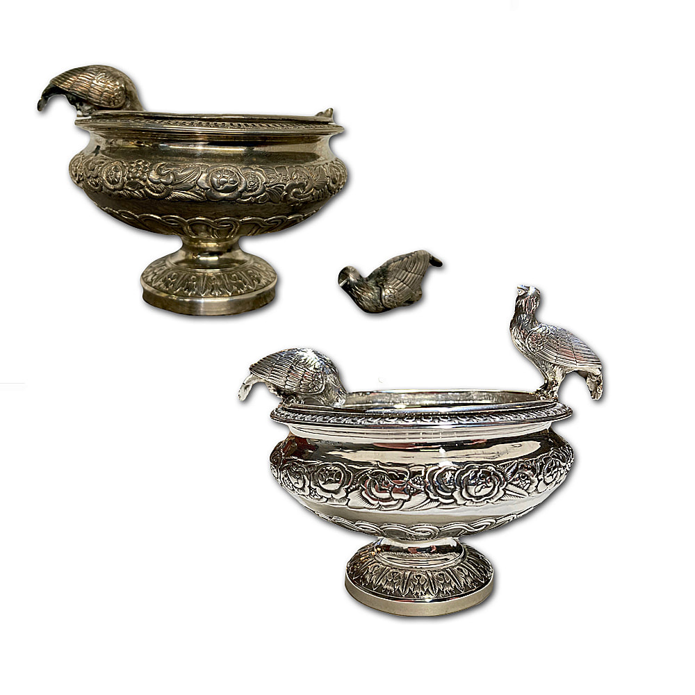 Ornate antique sterling silver bowl before and after restoration by Chelsea Plating Company, showcasing intricate silver repair.
