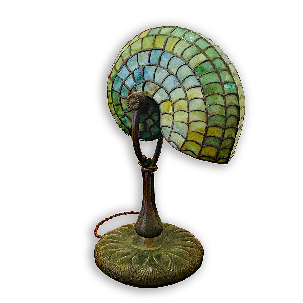 Antique lamp repair of a Tiffany Nautilus Lamp by Chelsea Plating, showcasing exceptional art nouveau restoration and electrical rewiring for modern use.