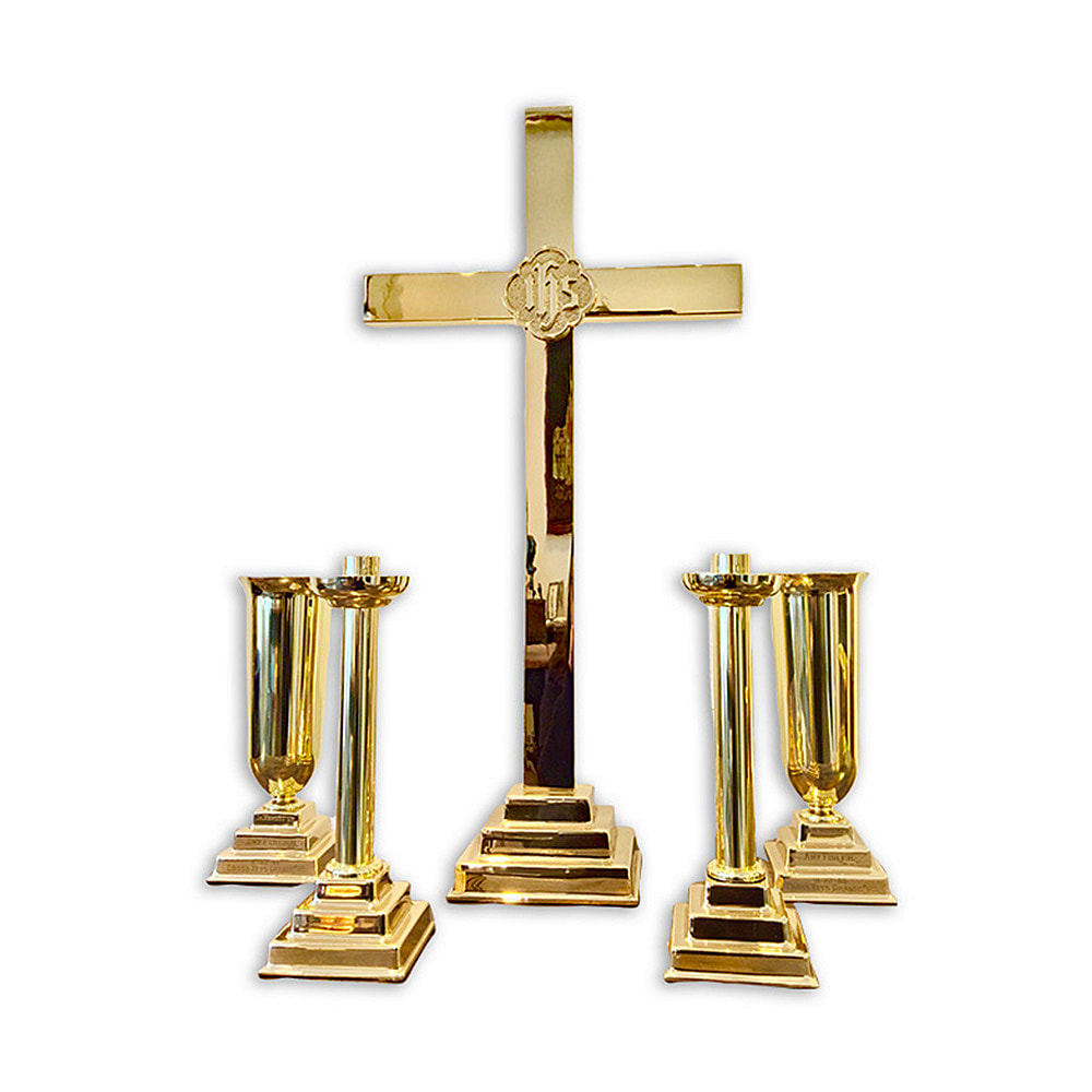 In Chelsea Plating Company's hands, a brass altar set – inclusive of a crucifix, two candlesticks, and two altar vases – has been transformed through expert brass refinishing and restoration. Once dulled by time, each sacred item now gleams brightly, a testament to the precision of brass plating and the timeless art of fine antique restoration.