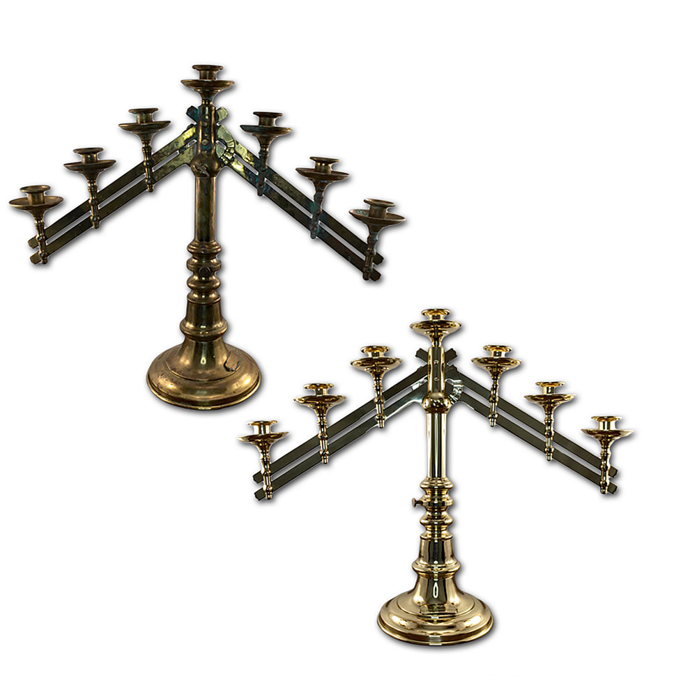 Chelsea Plating Company has breathed new life into an antique brass seven light altar candelabra. Through their skilled brass restoration and polishing services, every curve and detail of this historic piece radiates with a luminosity reminiscent of its original grandeur, exemplifying the company's commitment to preserving heritage.