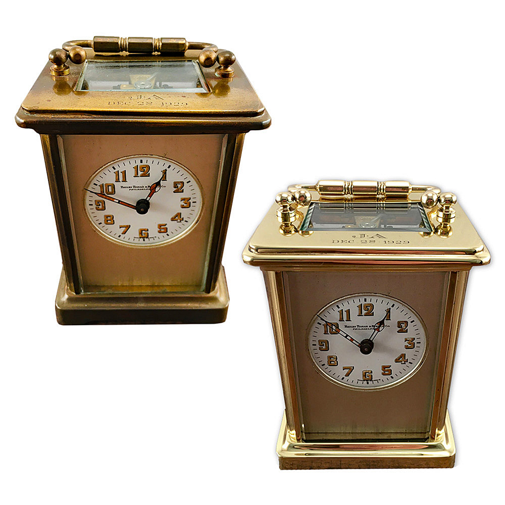  Experience the timeless grace of this restored antique brass carriage clock case, crafted by Bailey Banks & Biddle, and lovingly restored by Chelsea Plating Company. Admire the intricate craftsmanship and meticulous attention to detail as the brass is brought back to its former glory. Chelsea Plating Company's restoration experts have revived the essence of this antique treasure, ensuring its enduring beauty. Delve into the rich history and elegance of this restored carriage clock case, a testament to Chelsea Plating Company's passion for preserving exceptional timepiece craftsmanship.