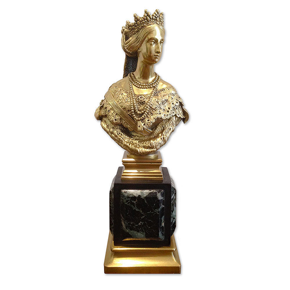 Chelsea Plating Company has expertly revitalized the lustrous elegance of this silver-cast statuette of Empress Eugenie, plated with 24k gold and set upon a stately marble pedestal. A prized possession of the University of Pennsylvania Art Collection, its refined grandeur is preserved for generations to come.