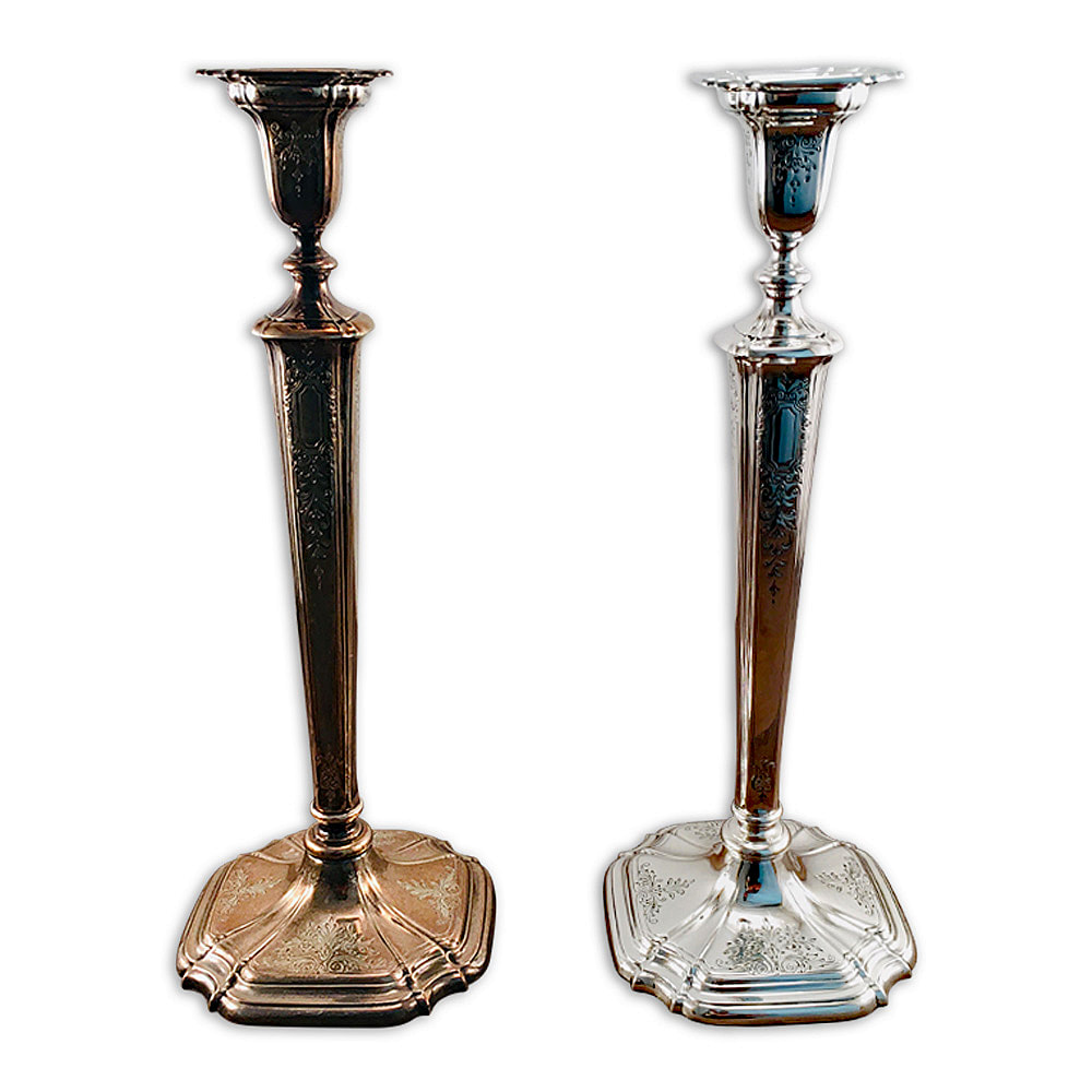 Immaculately restored antique sterling silver candlestick by Chelsea Plating Company. Discover the magnificence of this treasured family heirloom, meticulously cleaned and polished to shine with renewed brilliance. Trust the expertise of Philadelphia's esteemed restoration workshop since 1948, dedicated to preserving and enhancing the beauty of cherished silver pieces.