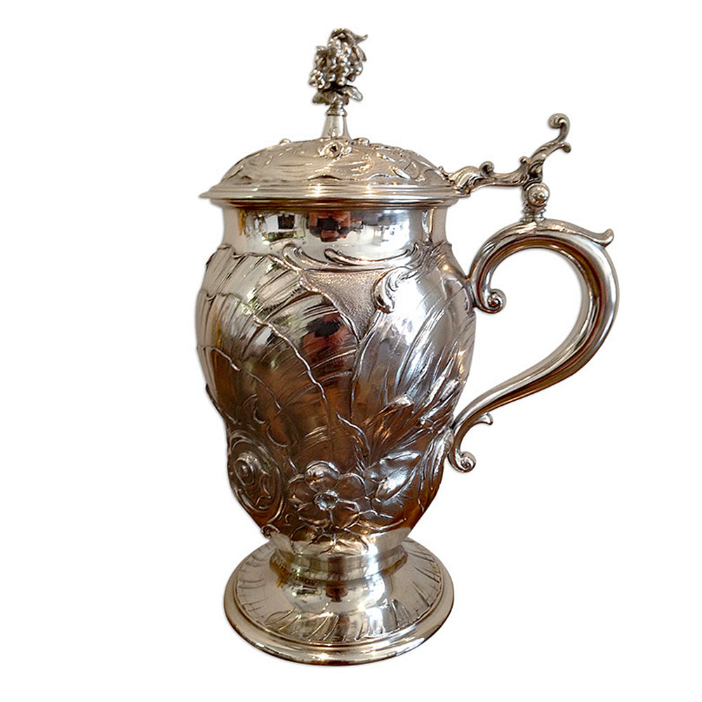 Impeccable refurbishment of a museum's exquisitely ornate and incredibly valuable sterling silver tankard by Chelsea Plating Company. Witness the awe-inspiring transformation of this prized artifact, meticulously restored to its original splendor. Rely on the expertise of Philadelphia's renowned restoration workshop, entrusted with preserving and revitalizing museum-grade sterling silver treasures, ensuring their enduring beauty and historical importance through meticulous restoration services.