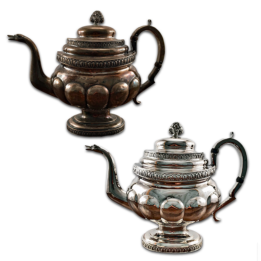 Antique sterling silver teapot expertly cleaned and polished by Chelsea Plating Company, showcasing its restored radiance and fine craftsmanship, exemplifying their specialty in sterling silver preservation.