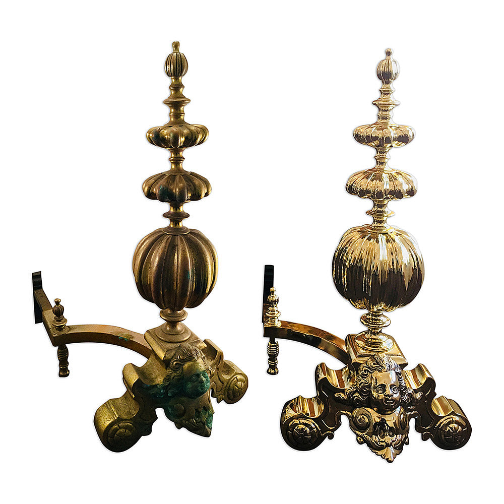   Step into a world of vintage charm with these meticulously restored antique brass fireplace andirons by Chelsea Plating Company. Witness the revival of these andirons, once dulled by tarnish and wear, now gleaming with renewed vibrancy. Chelsea Plating Company's specialization in the cleaning and polishing of antique brass shines through in the impeccable restoration of these treasured pieces. Experience the beauty and durability of brass craftsmanship, expertly preserved by Chelsea Plating Company's dedication to quality restoration.
