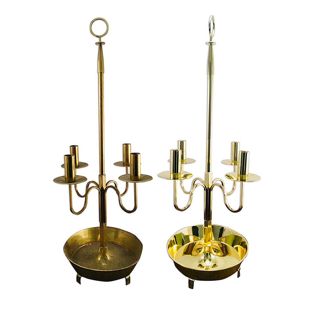 Step into a world of vintage charm with this pair of expertly restored large antique brass candleholders by Chelsea Plating Company. Marvel at the revitalization of these once-dulled treasures, as their radiant beauty is lovingly brought back to life. Chelsea Plating Company's specialized restoration techniques have transformed these candleholders into stunning pieces that exude timeless elegance. Embrace the warmth and richness of the restored brass material, as it casts a soft glow and adds a touch of vintage grandeur to any space.