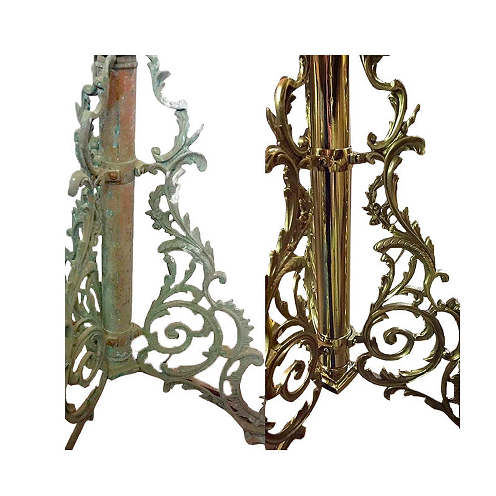  Marvel at the revitalized splendor of the meticulously restored brasswork on the base of this antique coat rack, lovingly revived by Chelsea Plating Company. This extraordinary piece, once tarnished and worn, now gleams with renewed brilliance. Chelsea Plating Company's skilled artisans have meticulously cleaned, repaired, and polished every intricate detail of the brasswork, unveiling its true magnificence. Immerse yourself in the timeless beauty of this restored antique coat rack, a testament to Chelsea Plating Company's mastery in preserving and enhancing the allure of vintage brass pieces.
