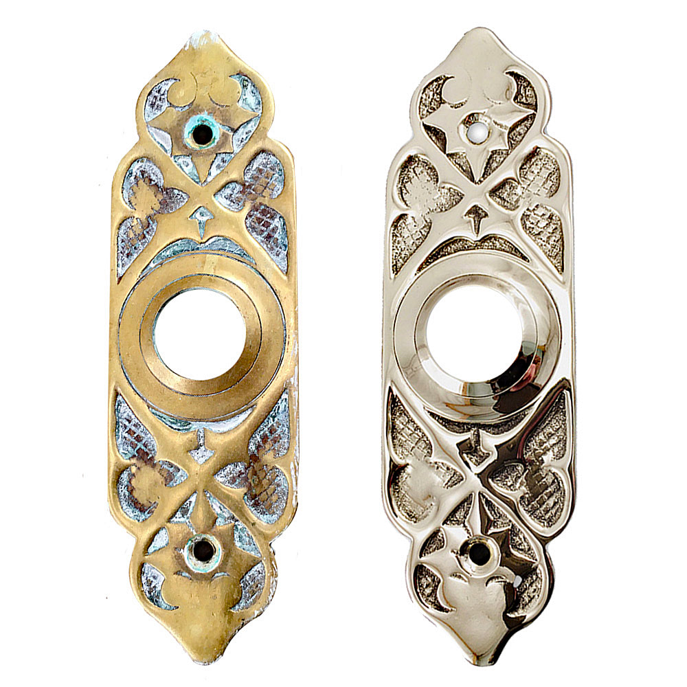 Experience the beauty of history with the restoration of this ornate brass doorbell escutcheon from a historic Philadelphia residence, lovingly restored by Chelsea Plating Company. Marvel at the intricate craftsmanship and attention to detail as the brass is revived to its former glory. Chelsea Plating Company's restoration experts have breathed new life into this architectural gem, preserving its timeless elegance. Delve into the rich heritage and significance of this restored doorbell escutcheon, a testament to Chelsea Plating Company's passion for preserving the historic essence of distinguished residences.