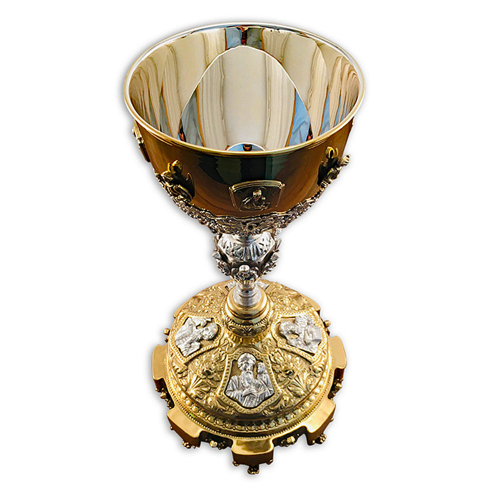 Ornate antique sterling silver chalice restored and plated in 24k gold by Chelsea Plating Company, with revived craftsmanship and intricate details, symbolizing devotion and artistic mastery.