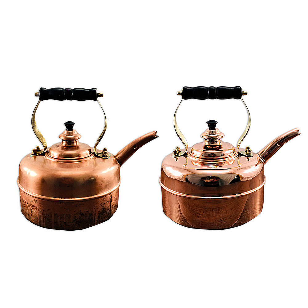 Meticulously restored antique copper tea kettle by Chelsea Plating Company, showcasing enhanced copper patina and intricate details, symbolizing a blend of heritage and expert restoration craftsmanship.
