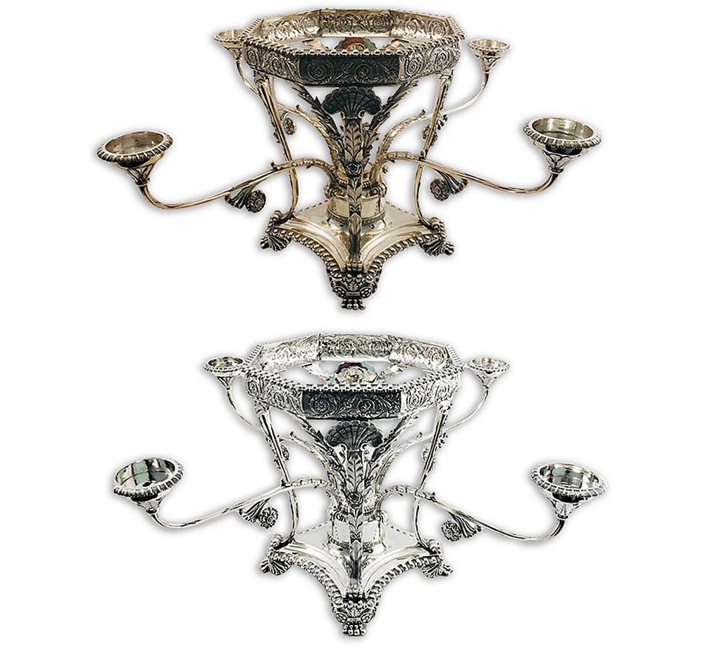 Antique epergne before and after silver plating restoration by Chelsea Plating Company, revealing intricate details and a mirror-like finish.