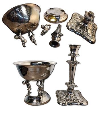 A glimpse into the past can be attained by viewing this stunning antique silverware set. A magnificent silver-plated bowl mounted on an aesthetically pleasing figurine base accompanied by an immaculately renovated silver-plated candlestick make up this set. This elegant design exhibits intricate detailing that engages the eye in its appeal. Although severe aging had taken its toll on these items, they were resuscitated through the meticulous restoration process carried out by the Chelsea Plating Co artisans. Through meticulous repairs, every scratch and imperfection has been eliminated from these antique candlesticks, leaving only their exquisite shapes and curves. The expertly applied silver plating only serves to provide further enhancement of their radiant charm. The enchanting figural pedestal adds an aura of taste, while the beautifully crafted ornate designs offer a sense of warmth and eloquence. Truly classic in both magnificence and grandeur, it is unquestionably certain that these awe-inspiring works will become treasured family heirlooms that are handed down through generations.