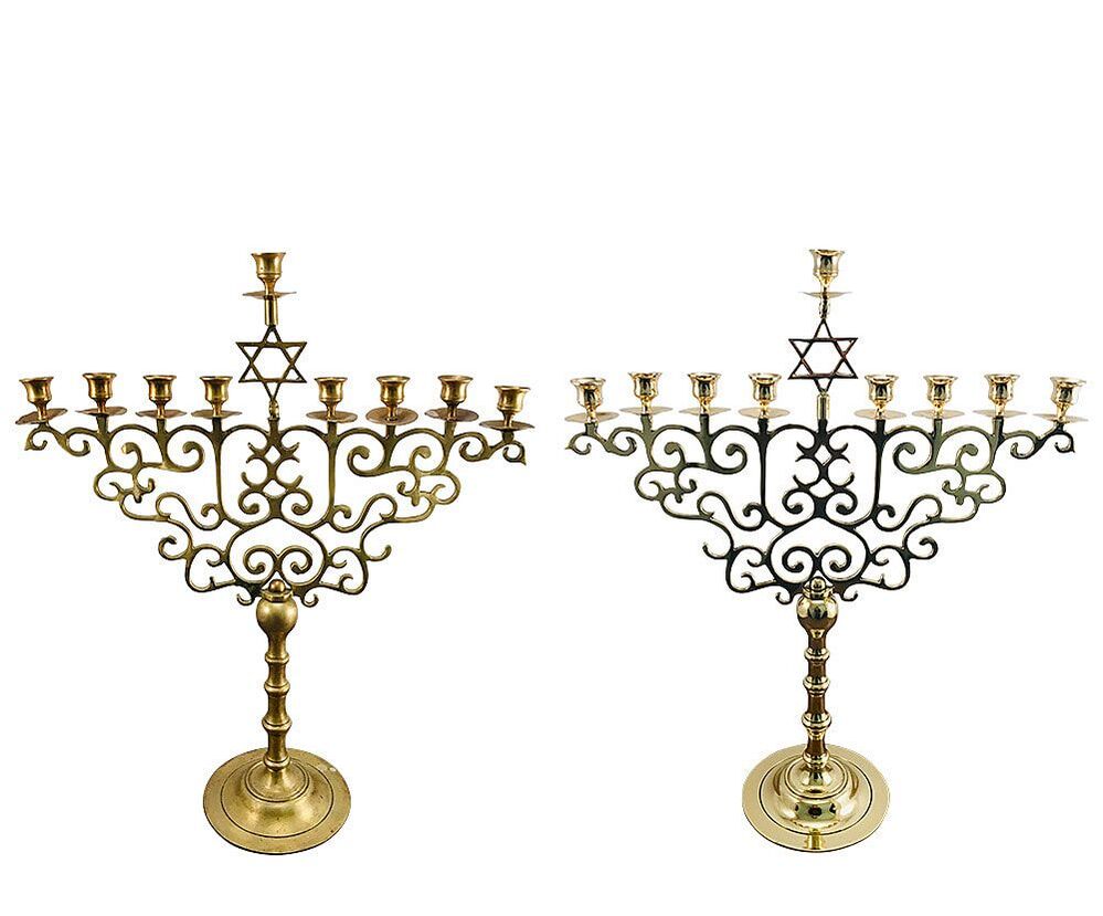  Immerse yourself in the radiance of this restored brass menorah, expertly revitalized by Chelsea Plating Company. A symbol of tradition and celebration, this antique masterpiece has been meticulously cleaned and polished to perfection, bringing out its exquisite details and enhancing its luminous beauty. Rediscover the magic of the menorah, restored with utmost care by Chelsea Plating Company's skilled artisans.