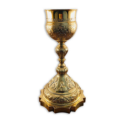 Ornate antique sterling silver chalice, restored and plated in 24k gold by Chelsea Plating Company, showcasing revived craftsmanship and intricate details, symbolizing devotion and artistic mastery.